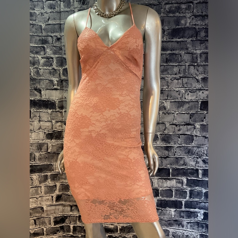 Peach Lace Stretchy Bodycon Dress